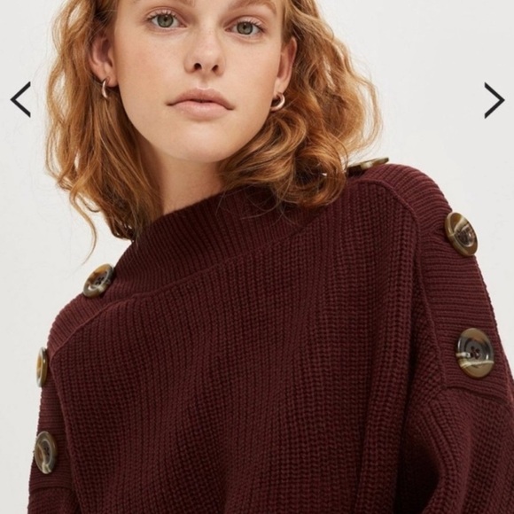 Topshop Button Shoulder Slash Knit Sweater Burgundy Size 4 - Picture 2 of 9